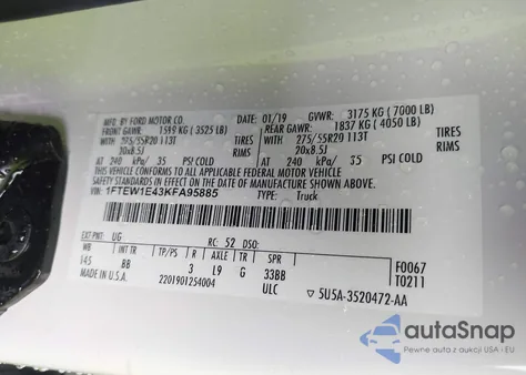 2019 Ford F-150 Platinum z USA, uszkodzony, nr VIN 1FTEW1E43KFA95885